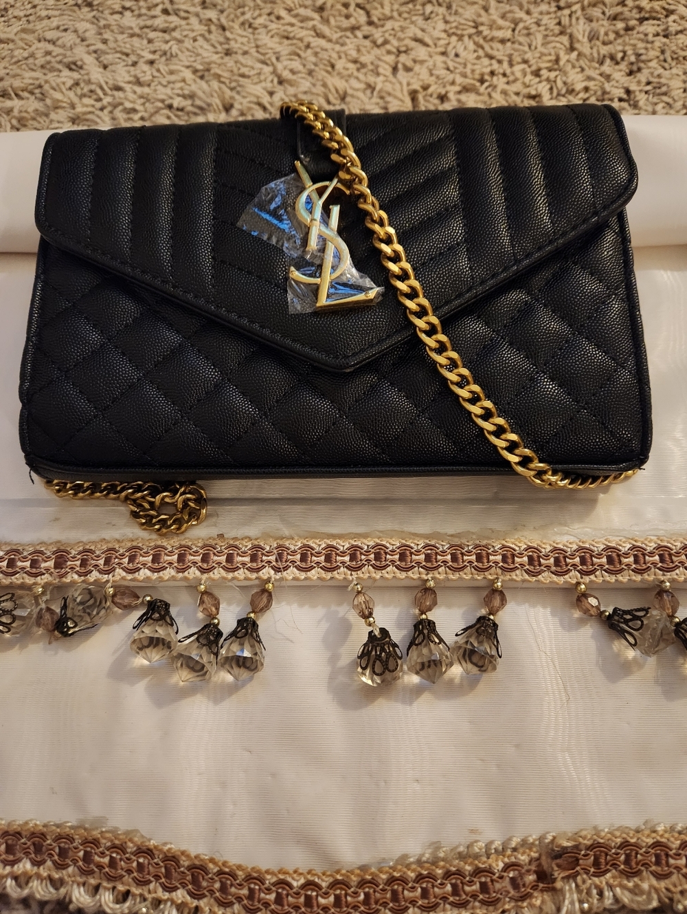 Yves Saint Laurent Black Quilted Envelope Clutch with Gold YSL Emblem - Picture 2 of 6